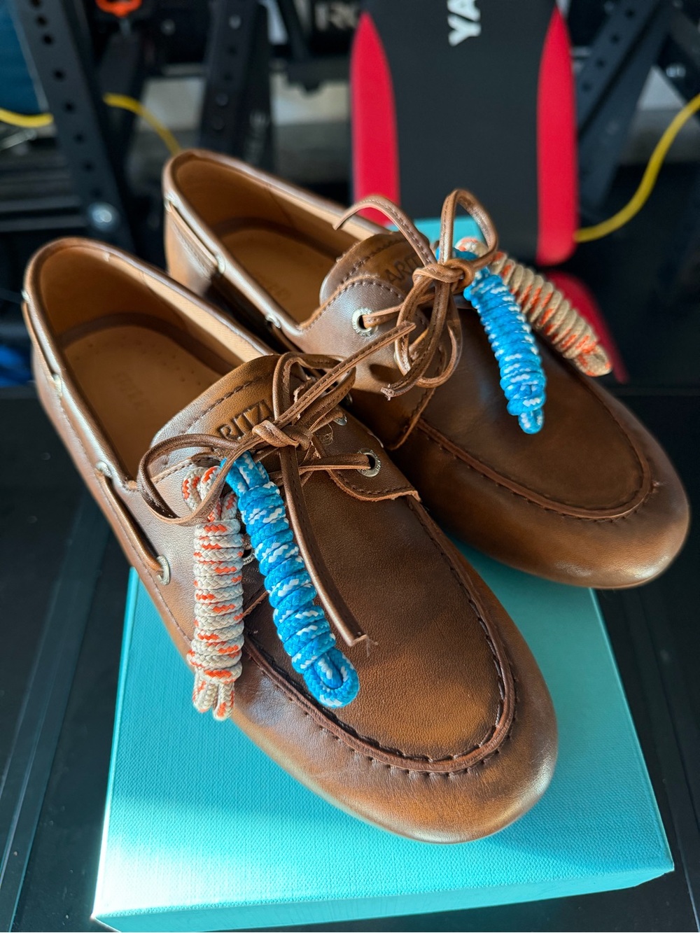 Aritzia Brown Leather Moccasin-Style Loafers with Blue & Orange Lace Accents